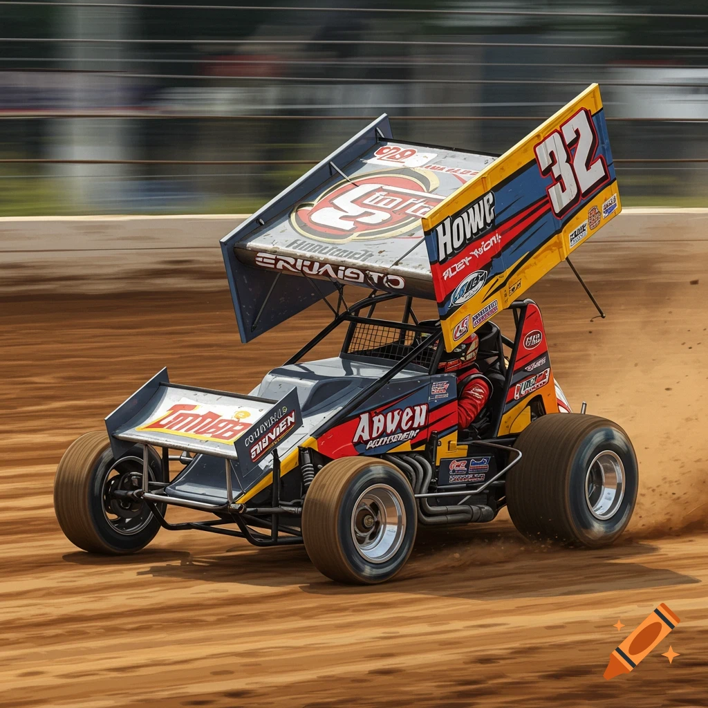 A sprint car races on a dirt track.