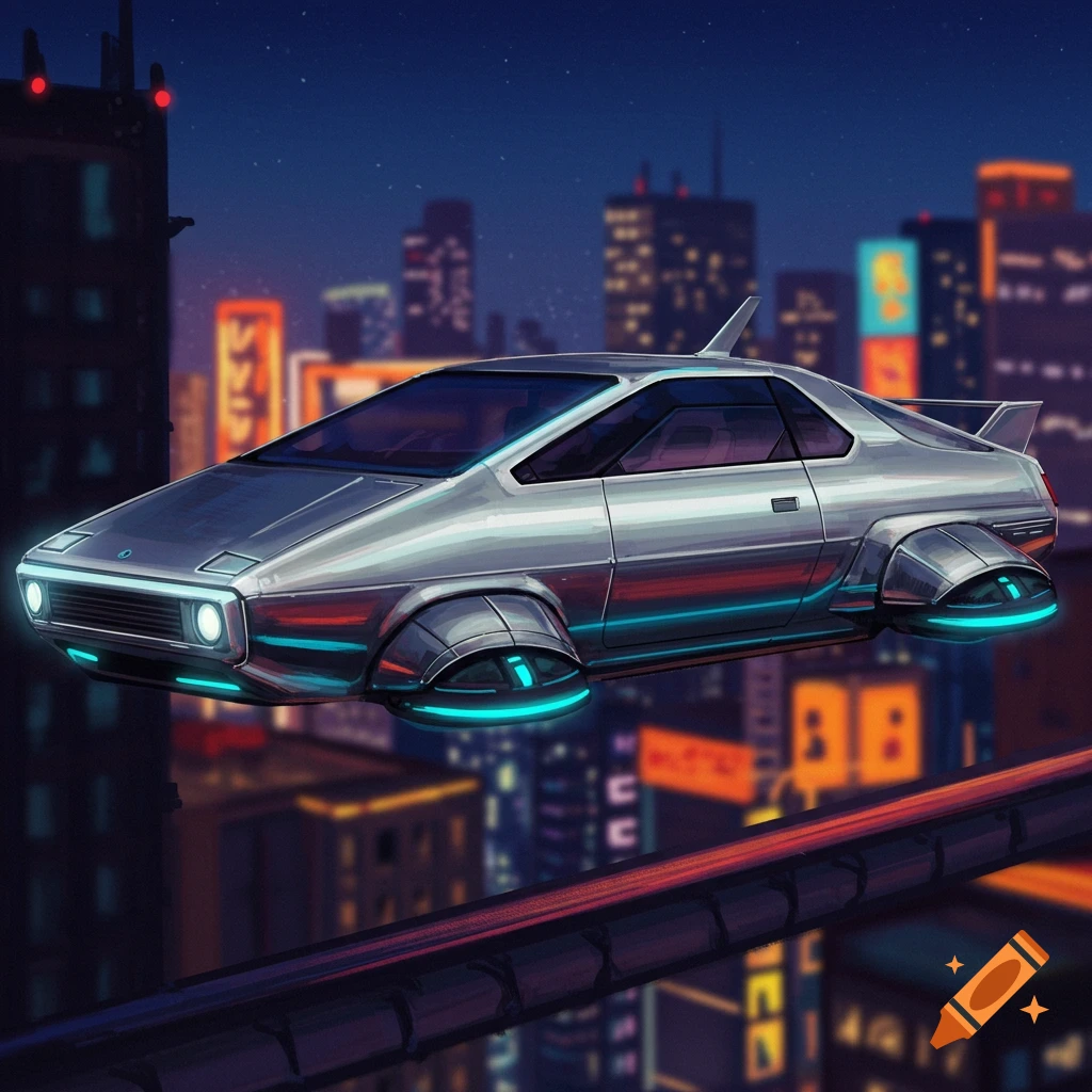 A silver hovercar flying over a futuristic city at night.