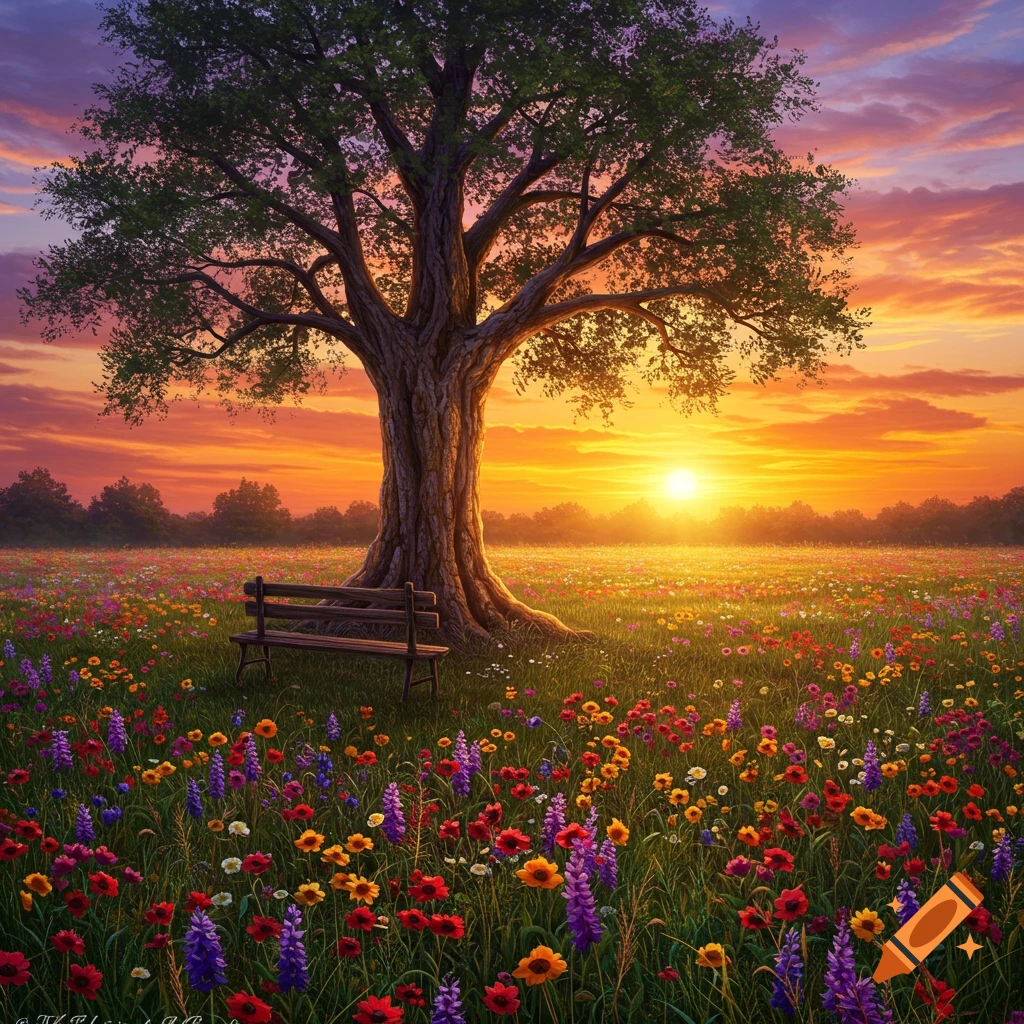 A large tree and bench in a field of colorful wildflowers at sunset.