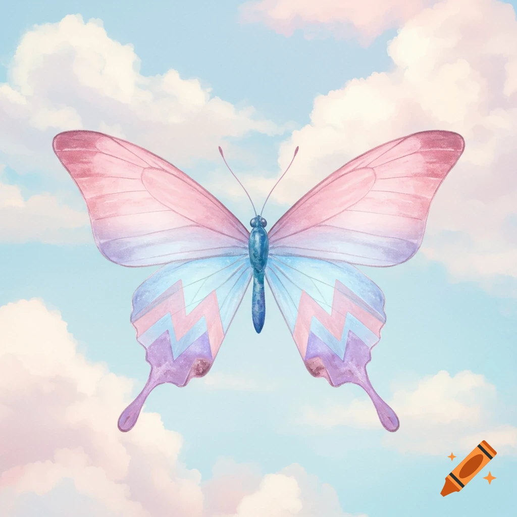 A pink, purple, and blue butterfly with a chevron pattern on its wings, against a cloudy sky.