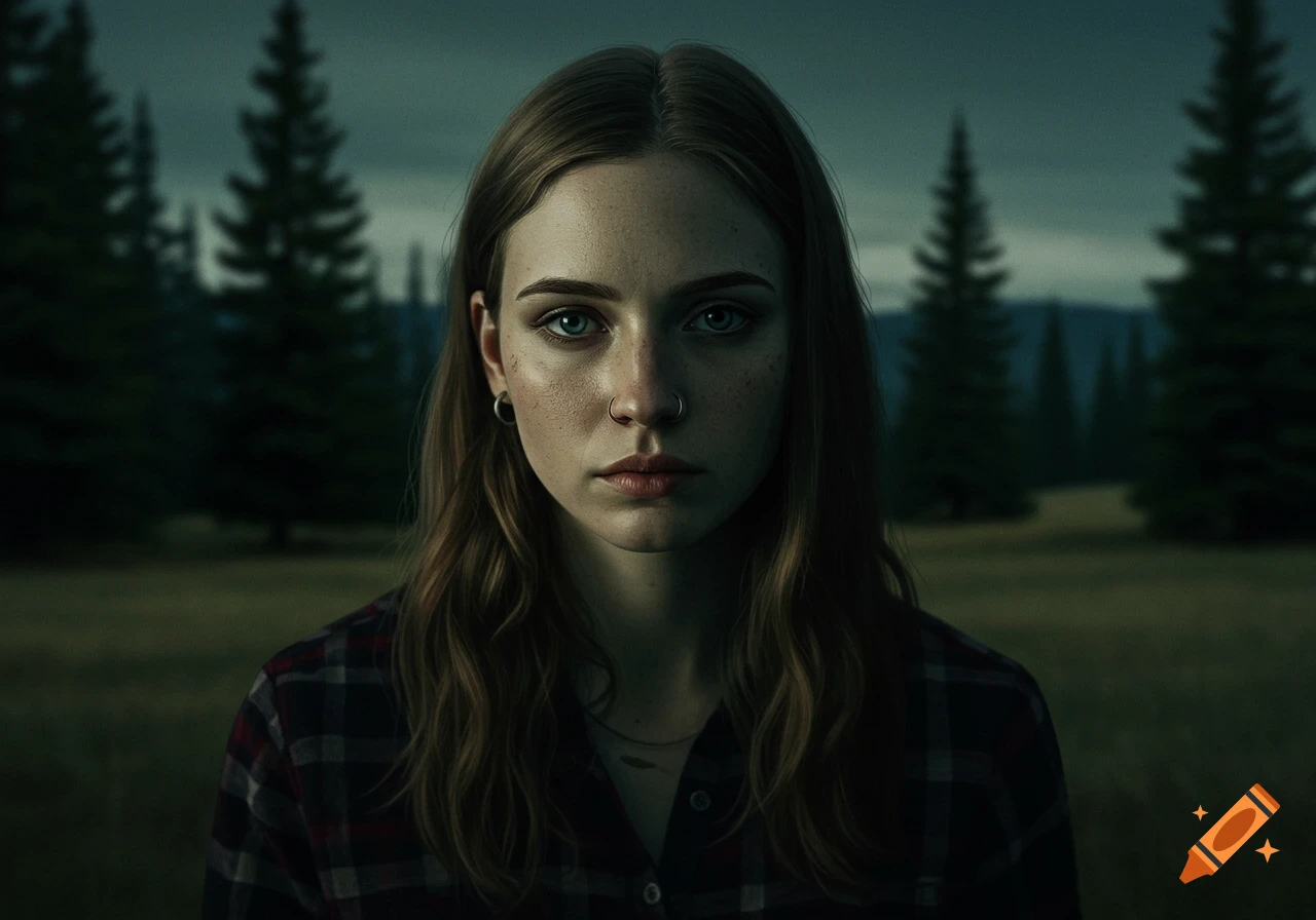 A cinematic portrait of a young woman with freckles and a nose ring, standing outdoors in a forest at dusk.