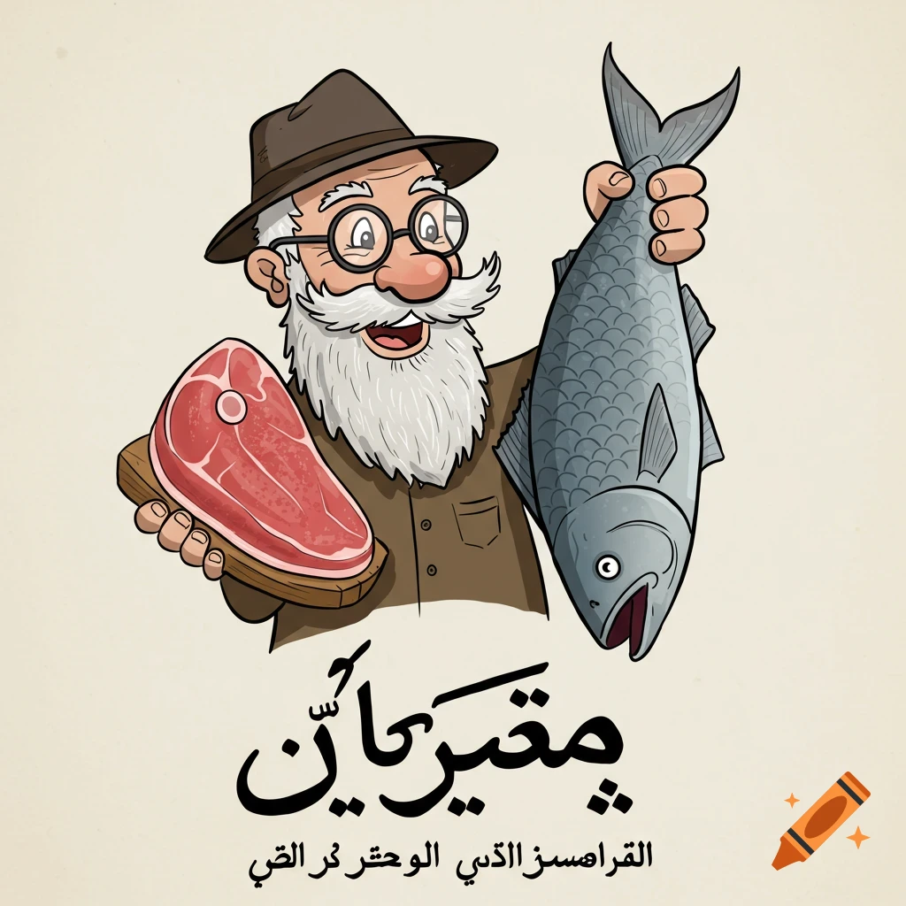 A cartoon illustration of an old man with a beard and glasses holding a steak and a fish.