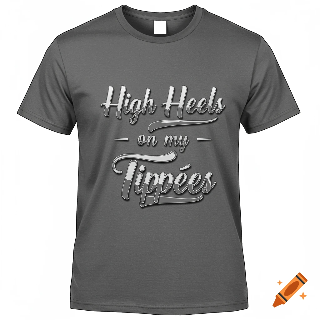 A grey t-shirt with a silver graphic reading "High Heels on my Tipp
es" with horizontal lines.