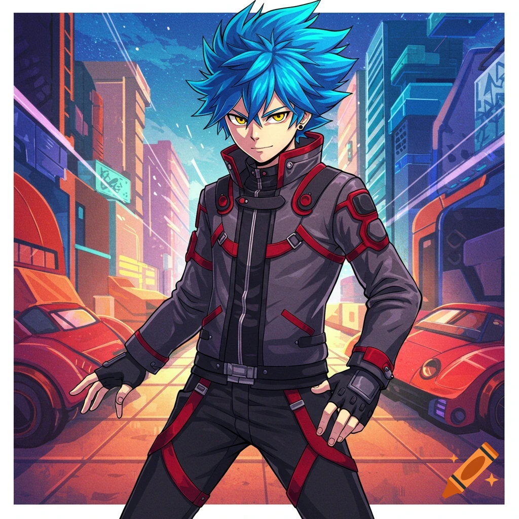 Anime drawing of a young man with blue spiky hair and black and red jacket in a futuristic city street.