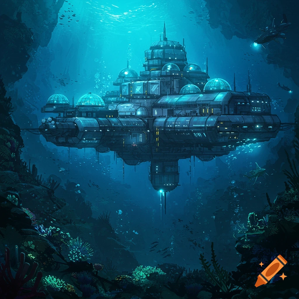 A large futuristic underwater base surrounded by coral reefs, fish, and submersibles.