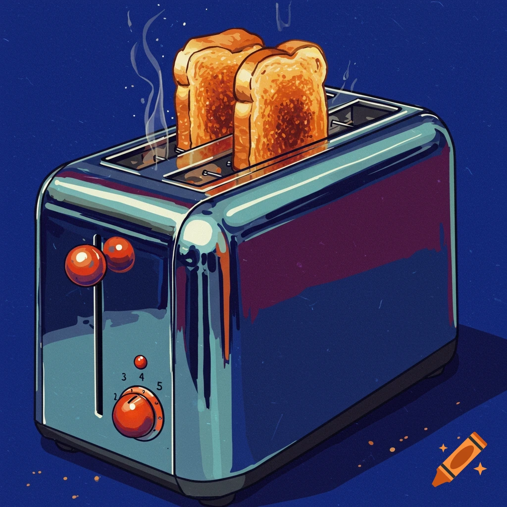 A vibrant image of a silver toaster with two slices of toasted bread inside, on a blue background.