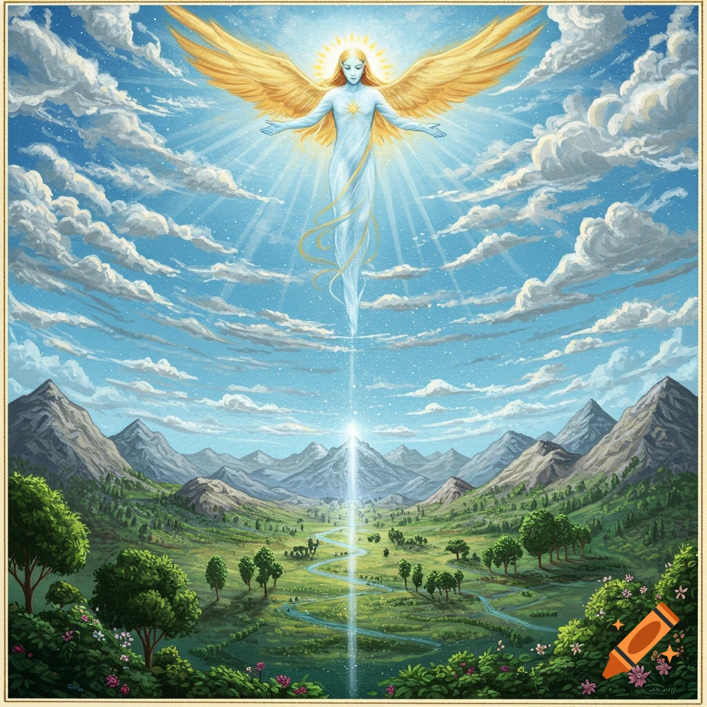 A glowing, winged figure floats above a lush mountain valley landscape.