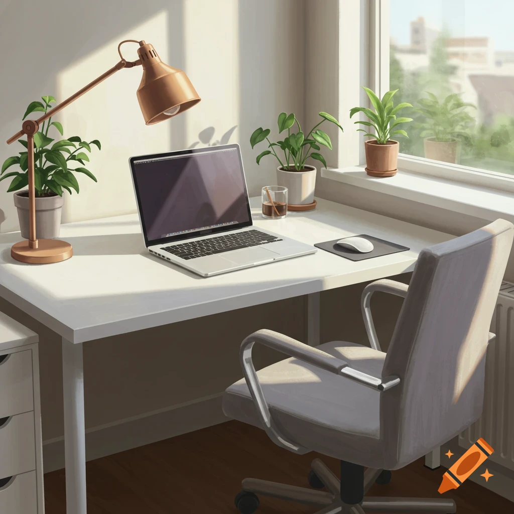 A computer desk with a laptop, chair, plants, and window view.