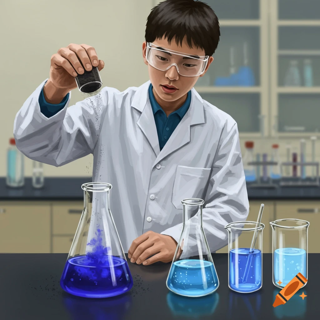 A student in a lab coat and goggles sprinkles black powder into a flask containing deep blue liquid, with other flasks of lighter blue liquids on the table.