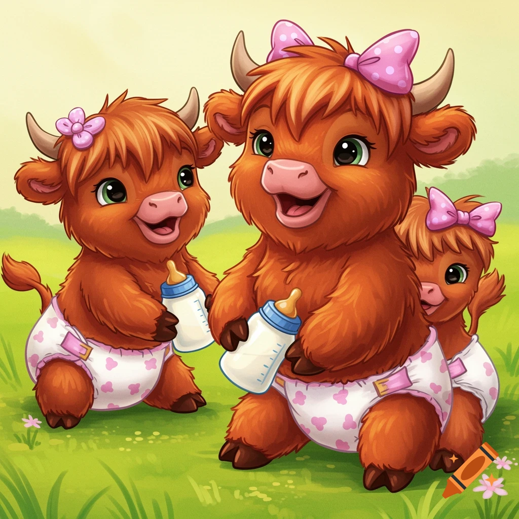 Three cute baby Highland cows in diapers holding bottles in a meadow, cartoon style.