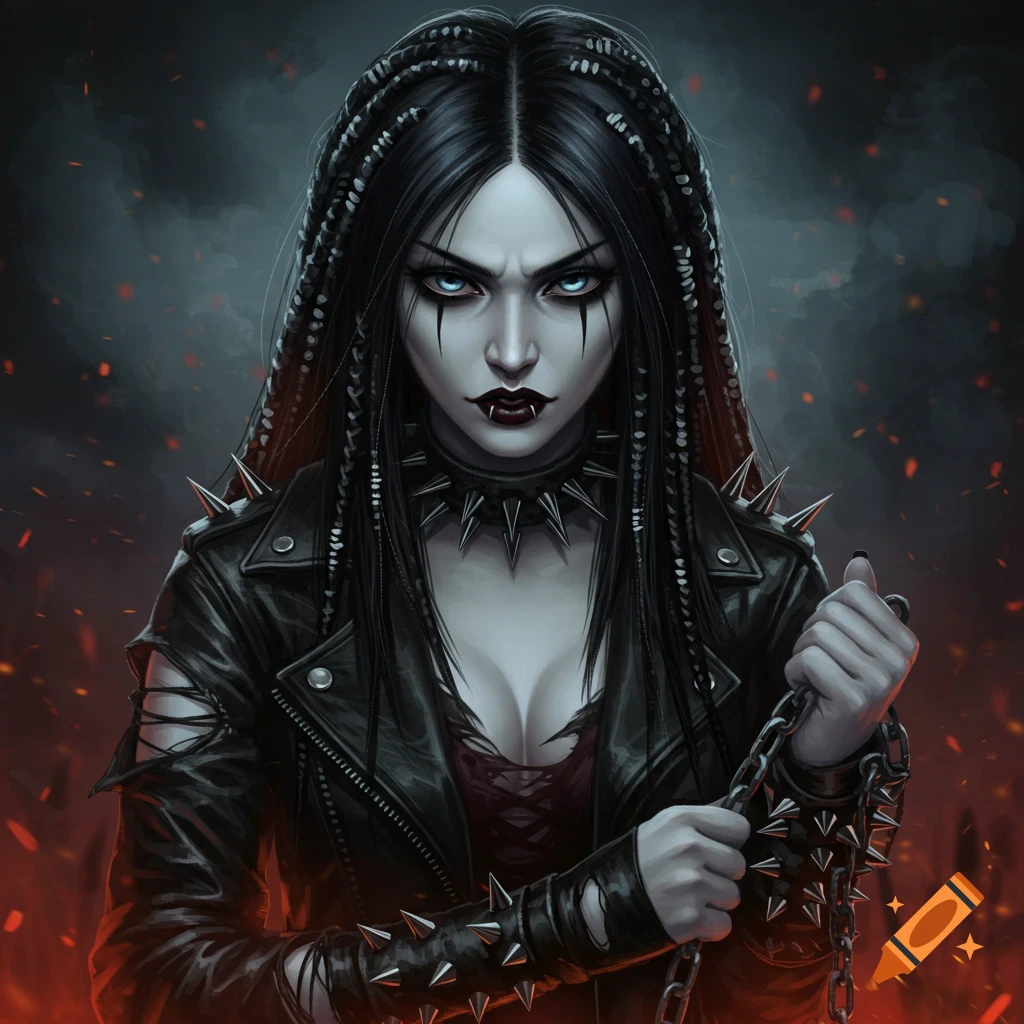 A gothic woman in a spiked leather jacket holding a chain.