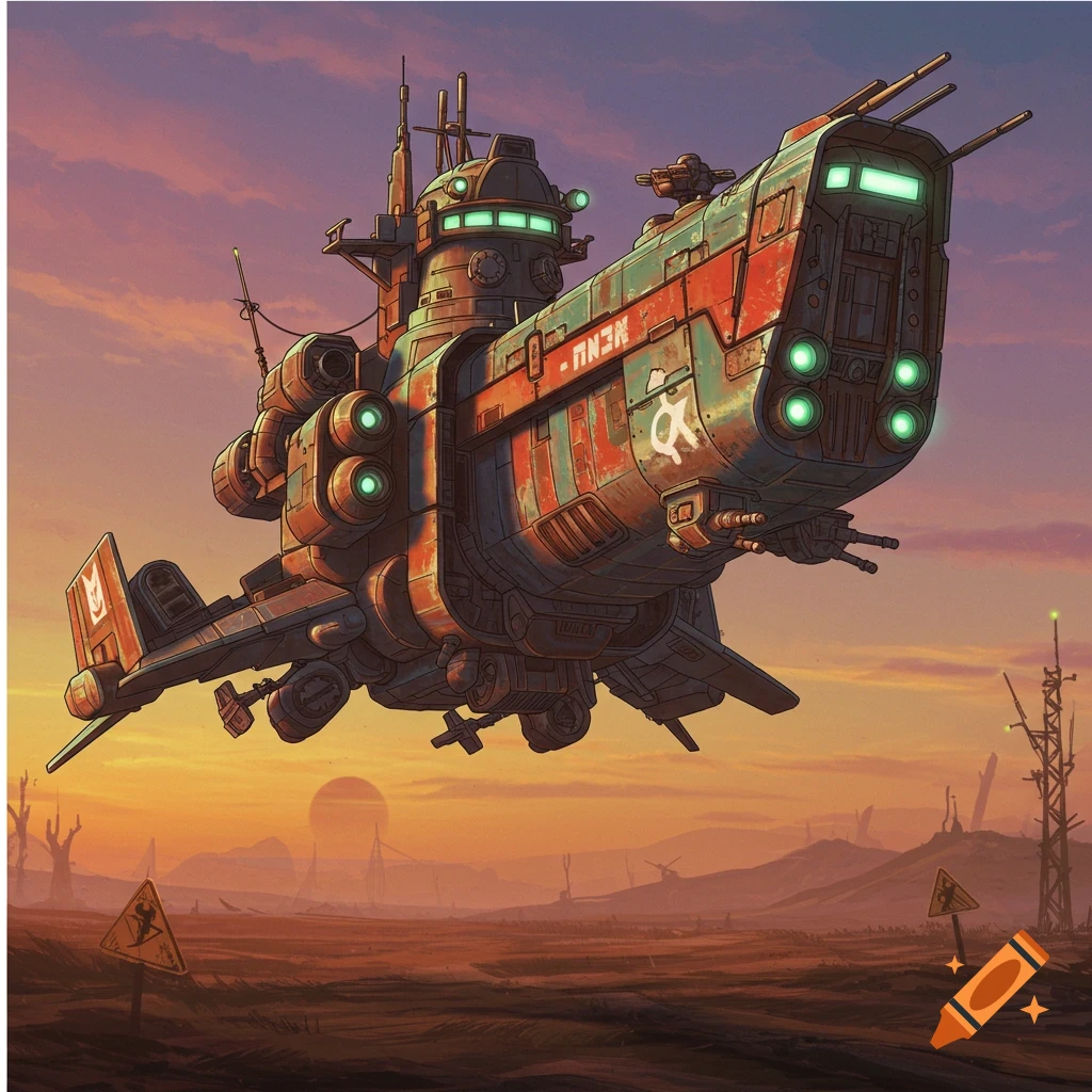 Stylized image of a bulky spaceship flying over a desolate, rocky landscape at sunset, evoking Fallout style.