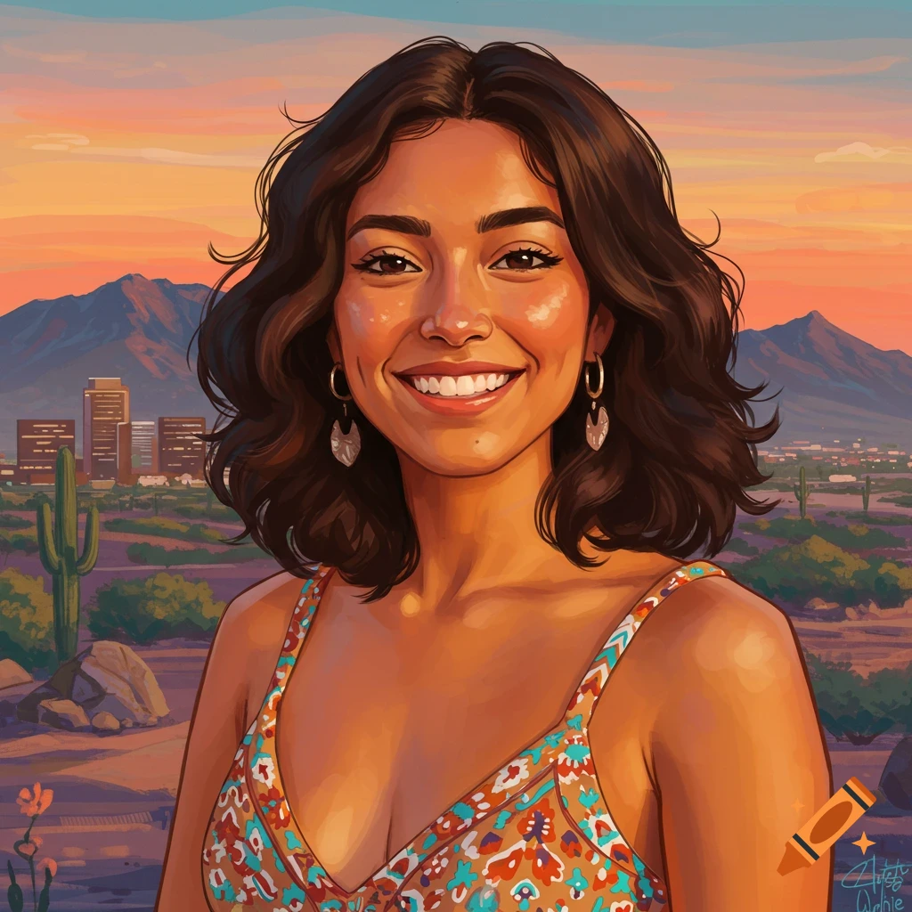 A portrait of a smiling woman in a dress with a desert city skyline and mountains in the background.