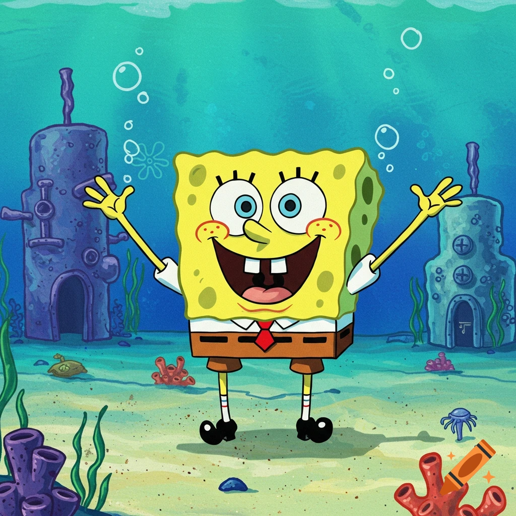 Spongebob Squarepants stands happily in the ocean with arms raised.