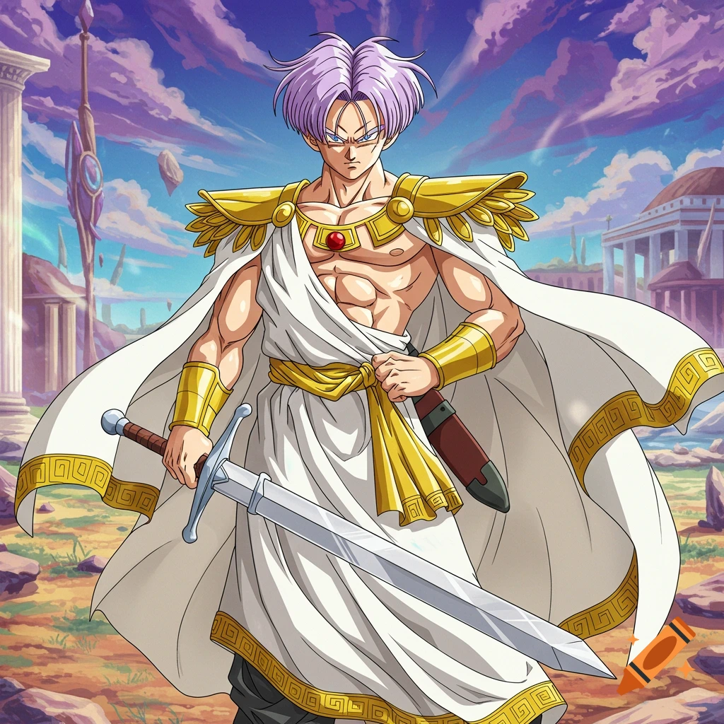 Anime illustration of Trunks from DBZ dressed as Zeus with a sword in a Greek landscape.