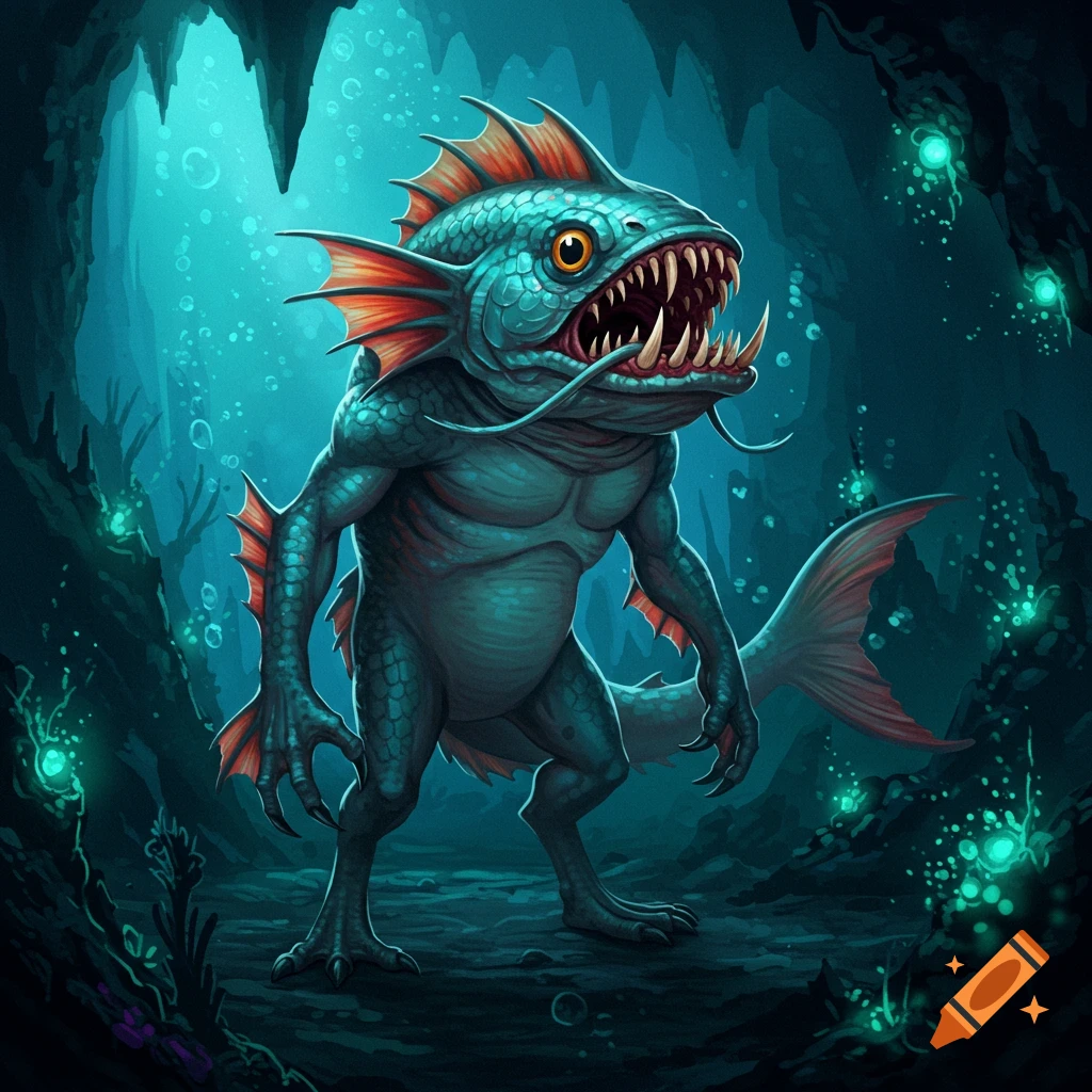 A fish-like creature stands in an underwater cave.