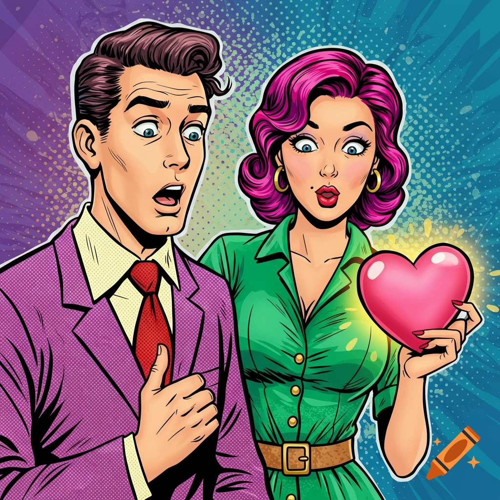 Pop art illustration of a surprised man and woman, the woman holds a glowing pink heart.