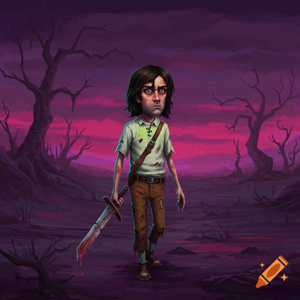 A young man with a bloody sword in a dark fantasy landscape.