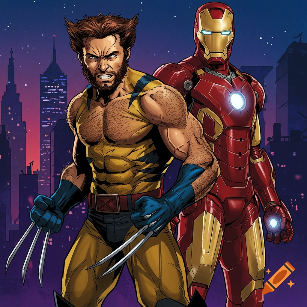 Comic book style illustration of Wolverine and Iron Man standing together in front of a city skyline.
