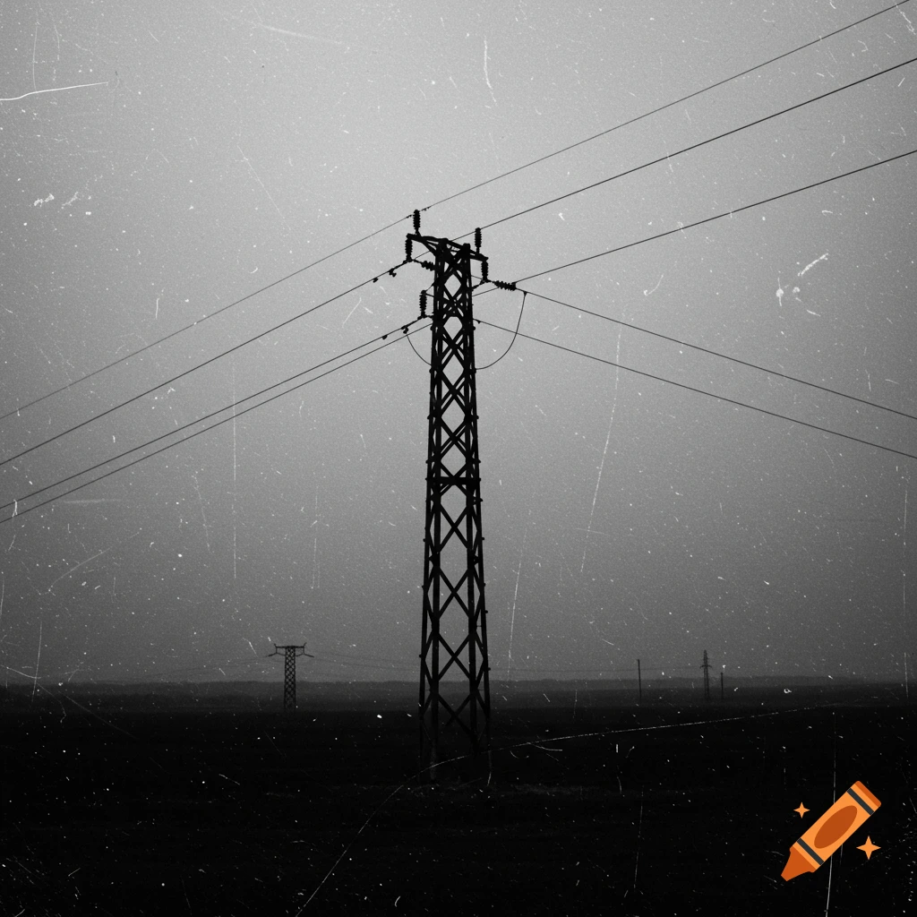 Black and white grungy photo of an electricity pylon in a field.