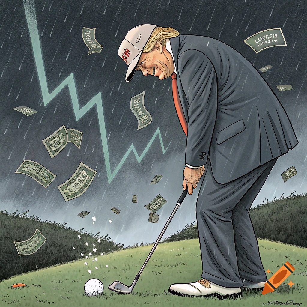 Caricature of Trump playing golf in the rain with money falling and stock market graph plummeting.