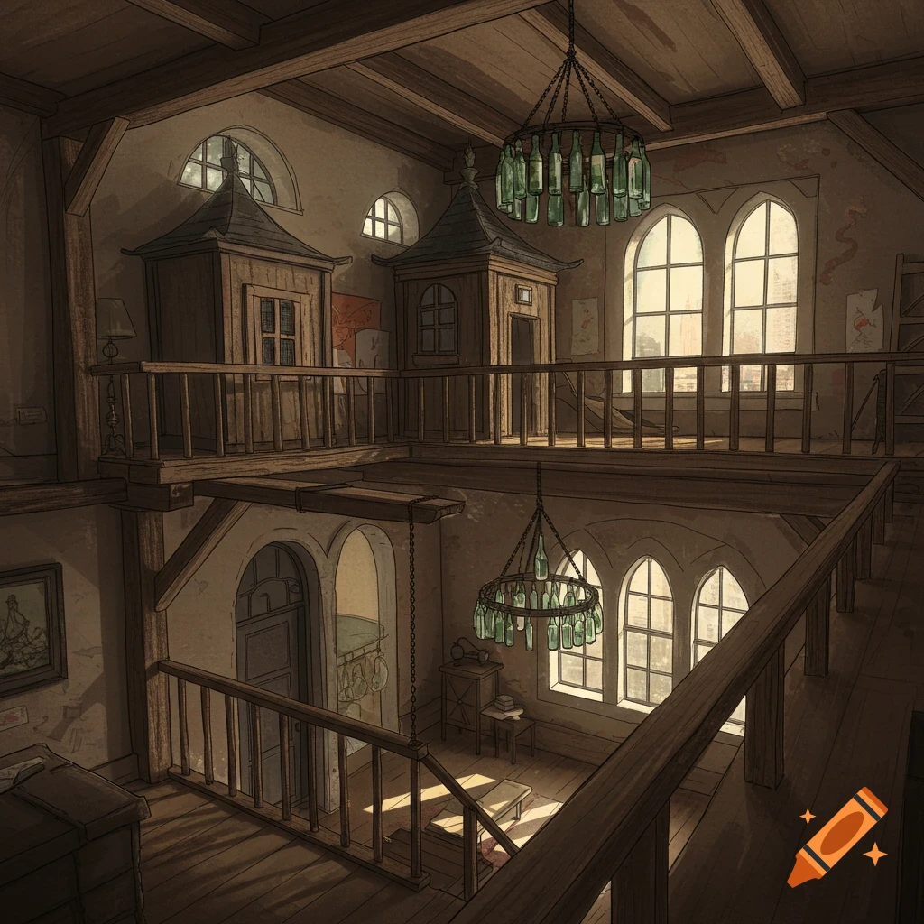 Interior of a Brooklyn apartment with a loft, pagoda structure, bottle chandeliers, and arched windows.