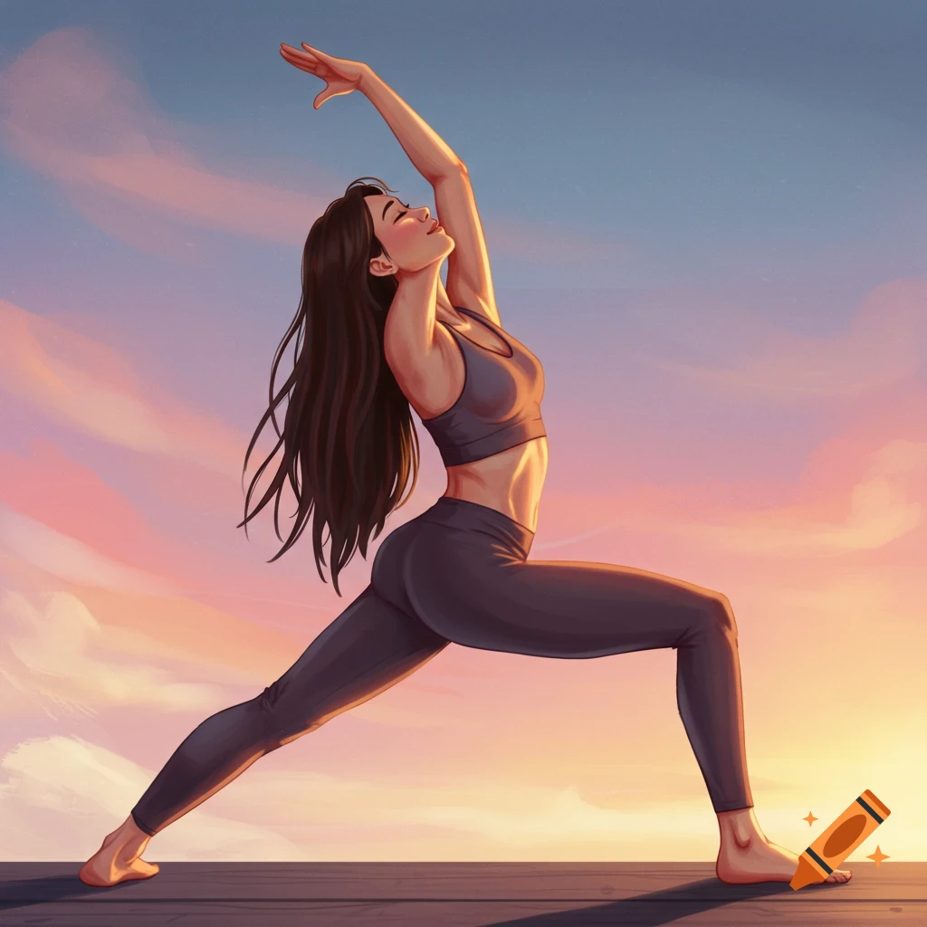 A woman is doing a yoga pose at sunset.
