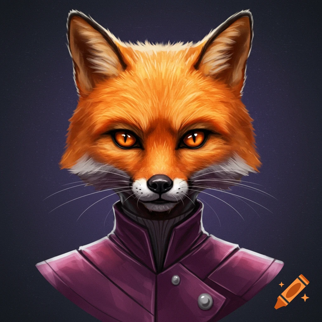 Portrait of an anthropomorphic orange fox wearing a purple jacket.