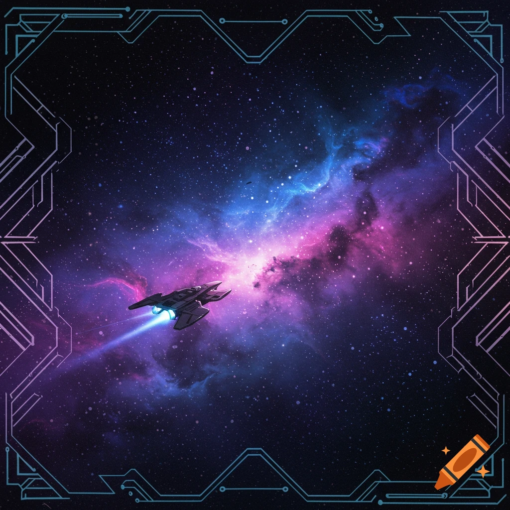 A spaceship flying through a purple and blue nebula, framed by futuristic lines.
