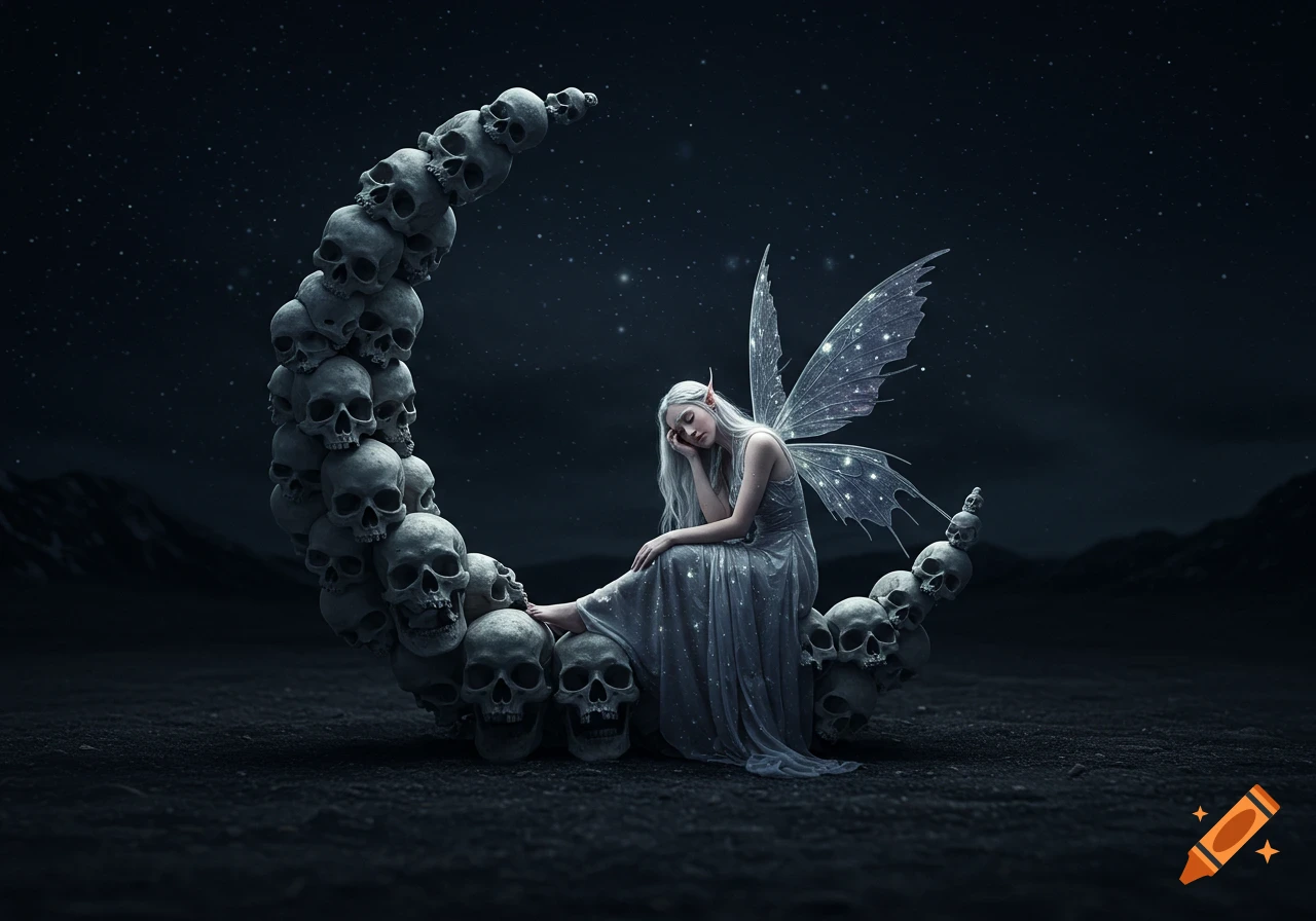 A celestial fairy rests on a crescent moon shape made of skulls under a starry night sky.