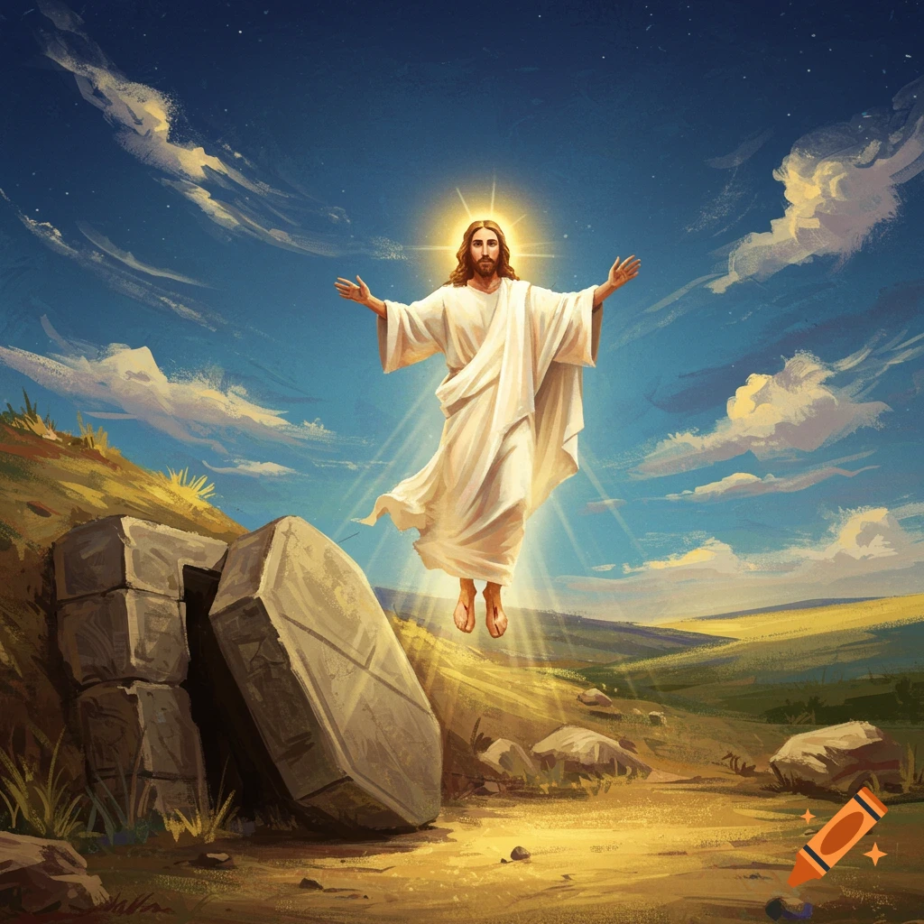 Jesus rising from an open tomb, floating above the ground with arms outstretched.