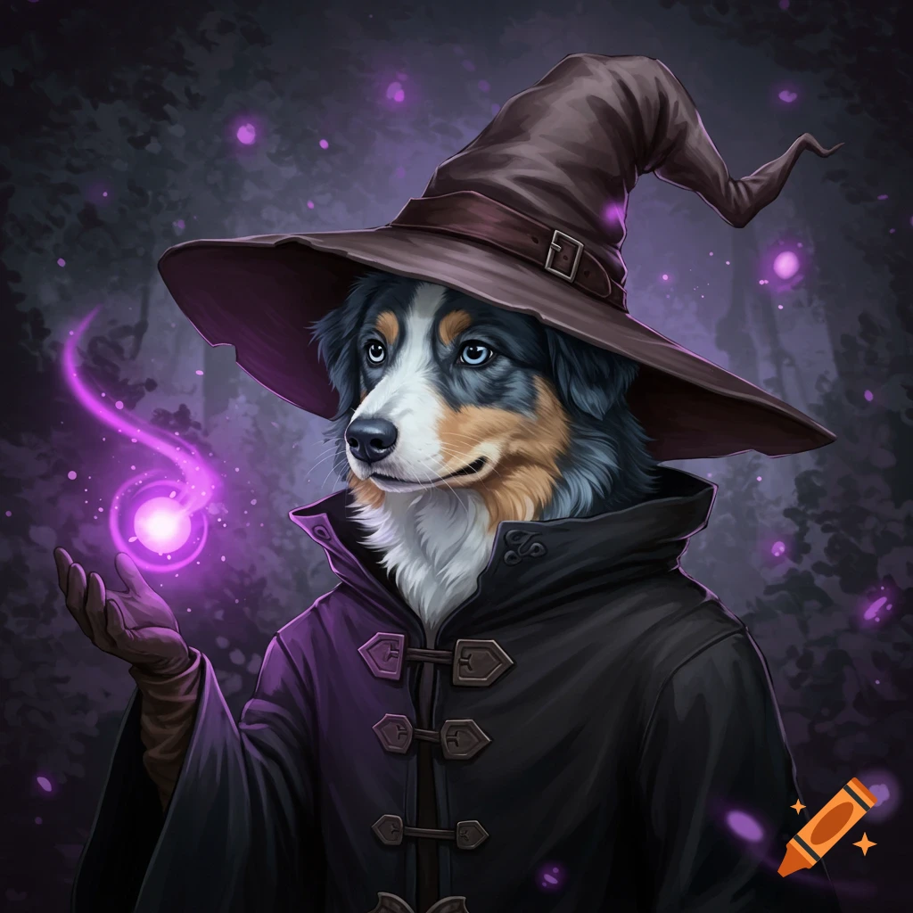 A blue Australian shepherd dog dressed as a black mage, casting a purple spell in a dark forest.