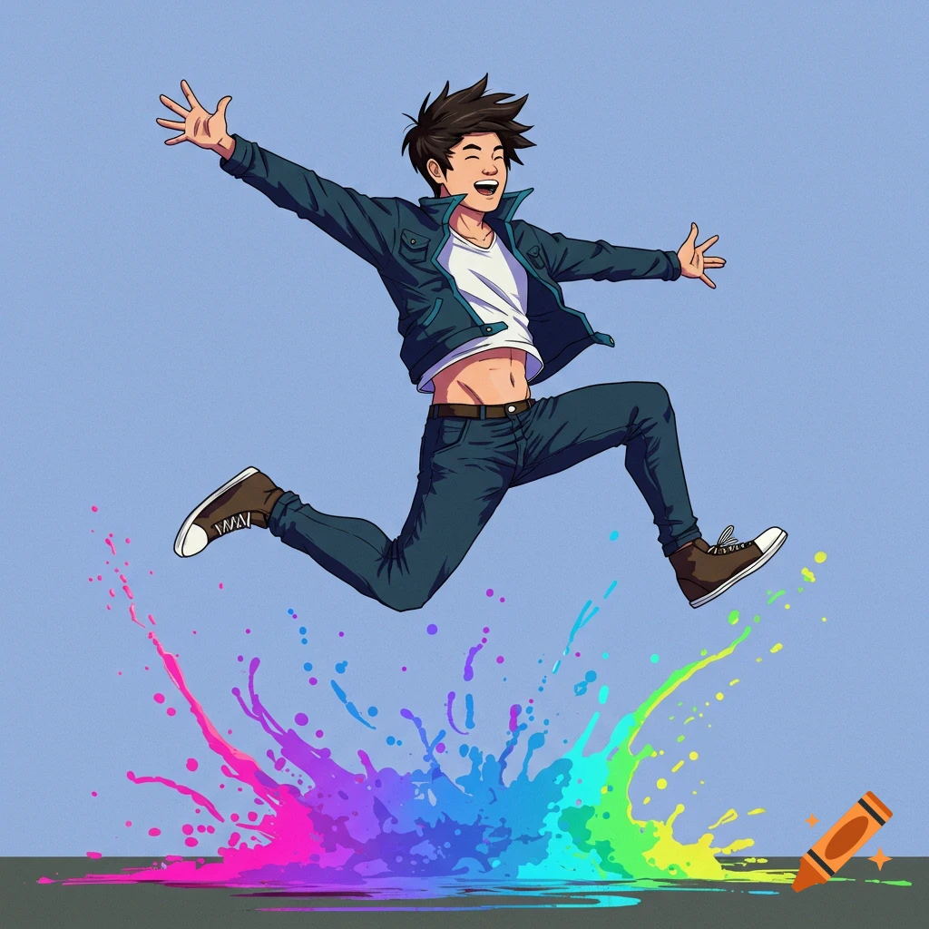 A person jumps over a colorful paint splash.