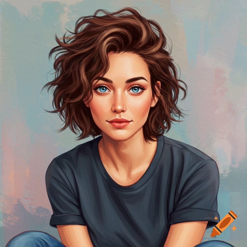 Portrait of a woman with short brown hair and blue eyes, wearing a dark t-shirt.
