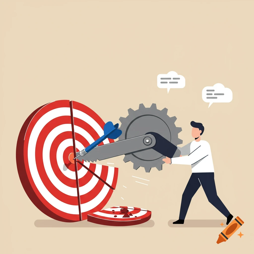 Illustration of a person using a gear tool to cut a target with a dart in the center.