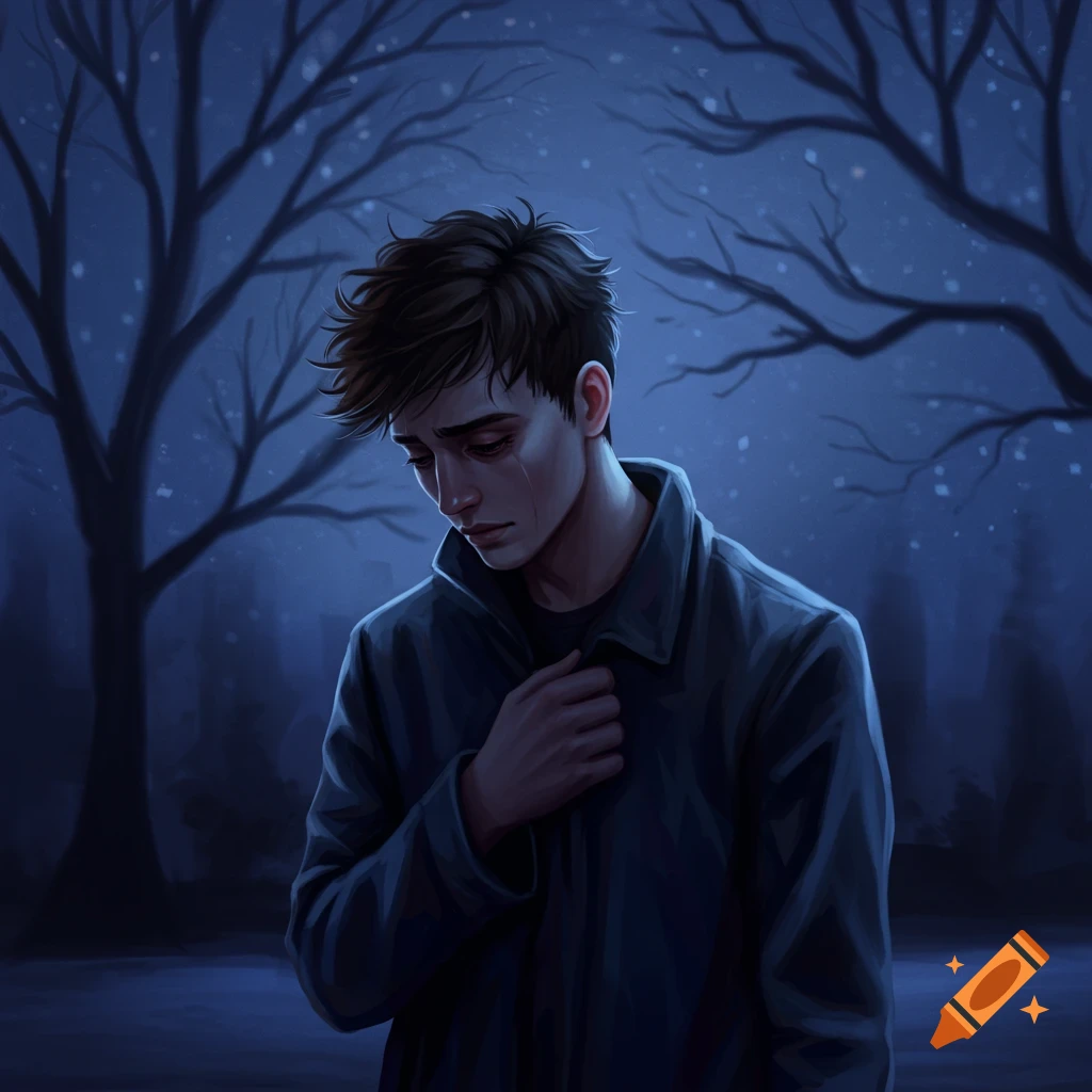 A sad man with a tear, standing alone in a dark, snowy forest.