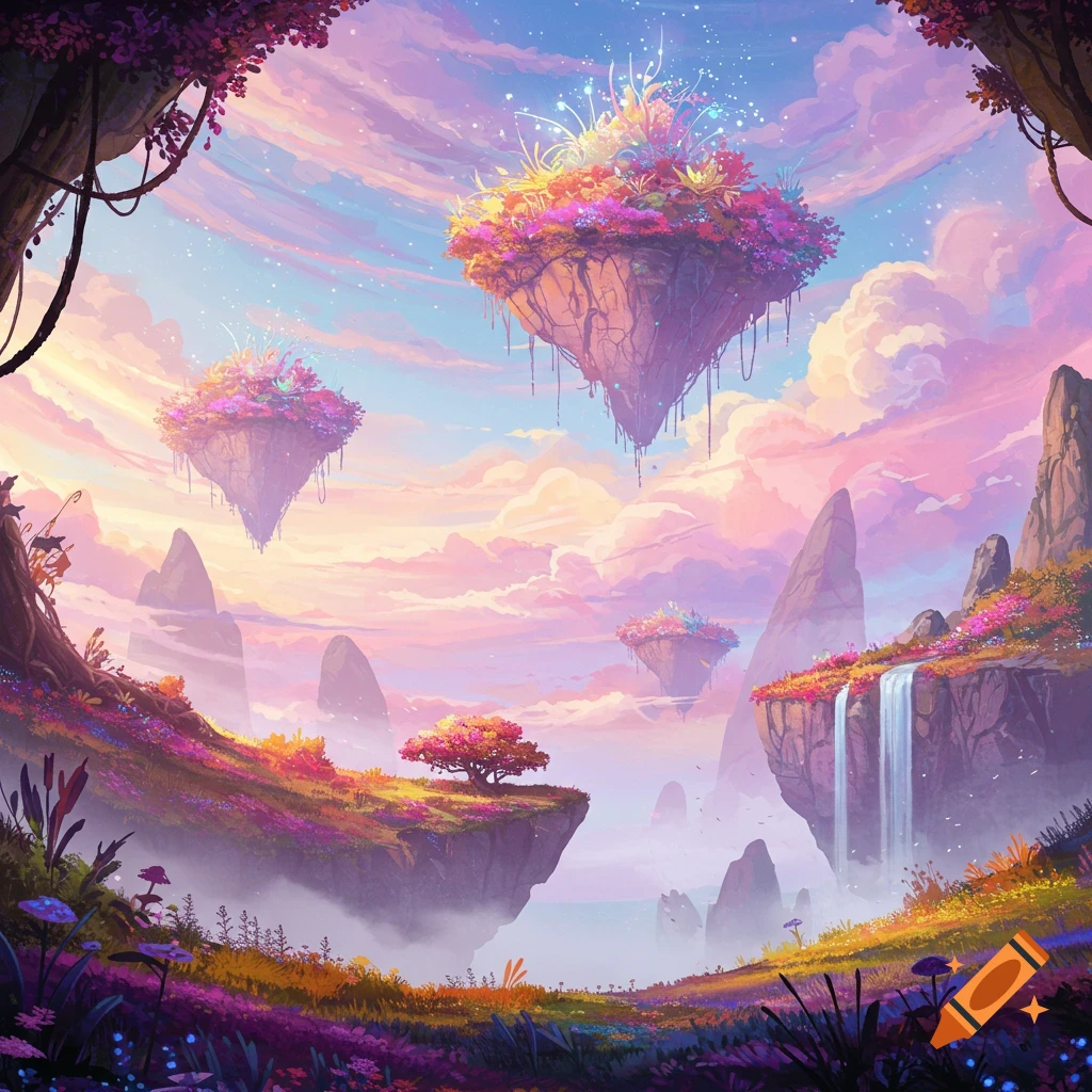 Floating islands with colourful flowers and trees in a fantasy landscape with waterfalls and mountains under a pink and blue sky.