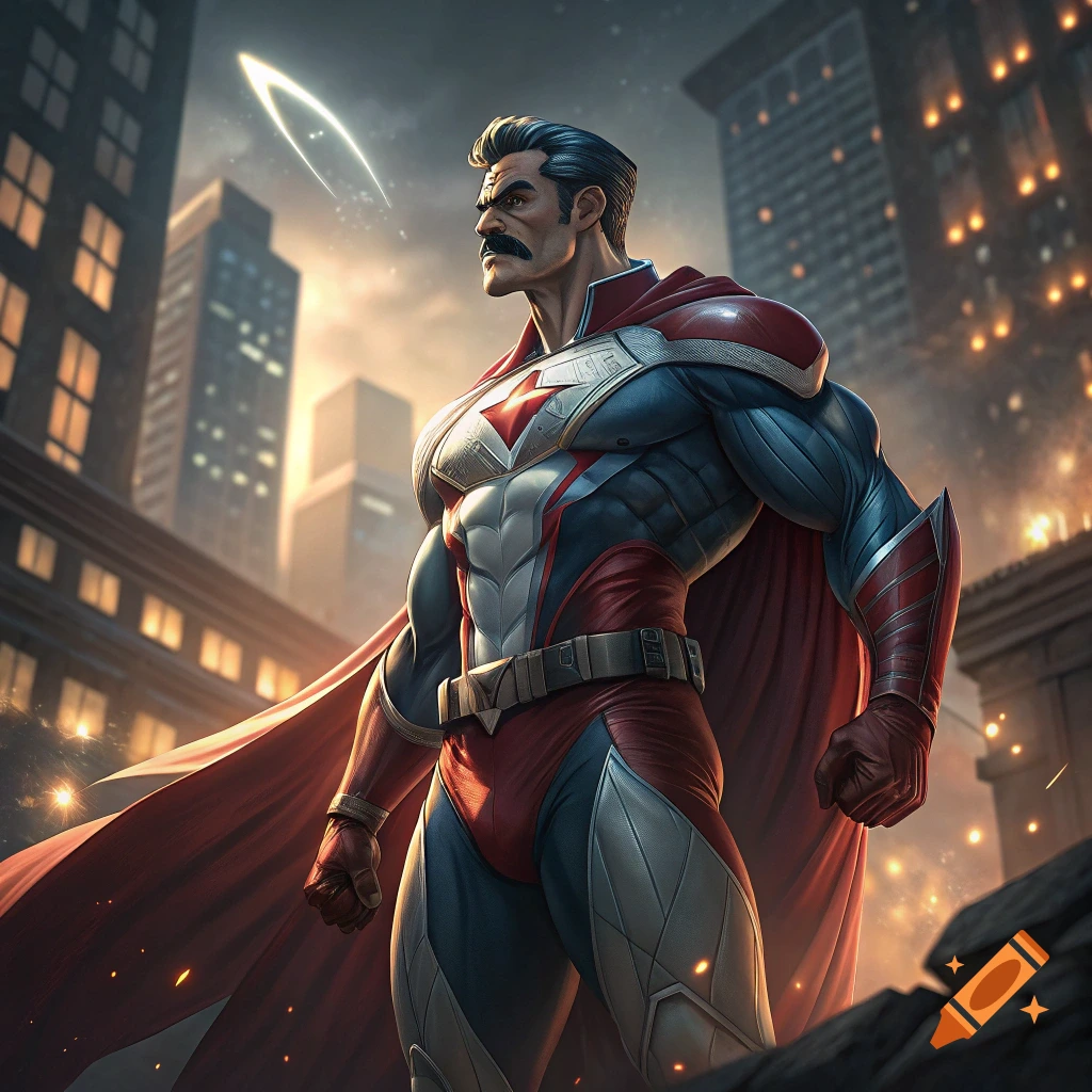 A muscular superhero with a mustache, red cape, and red and blue suit stands in a city.