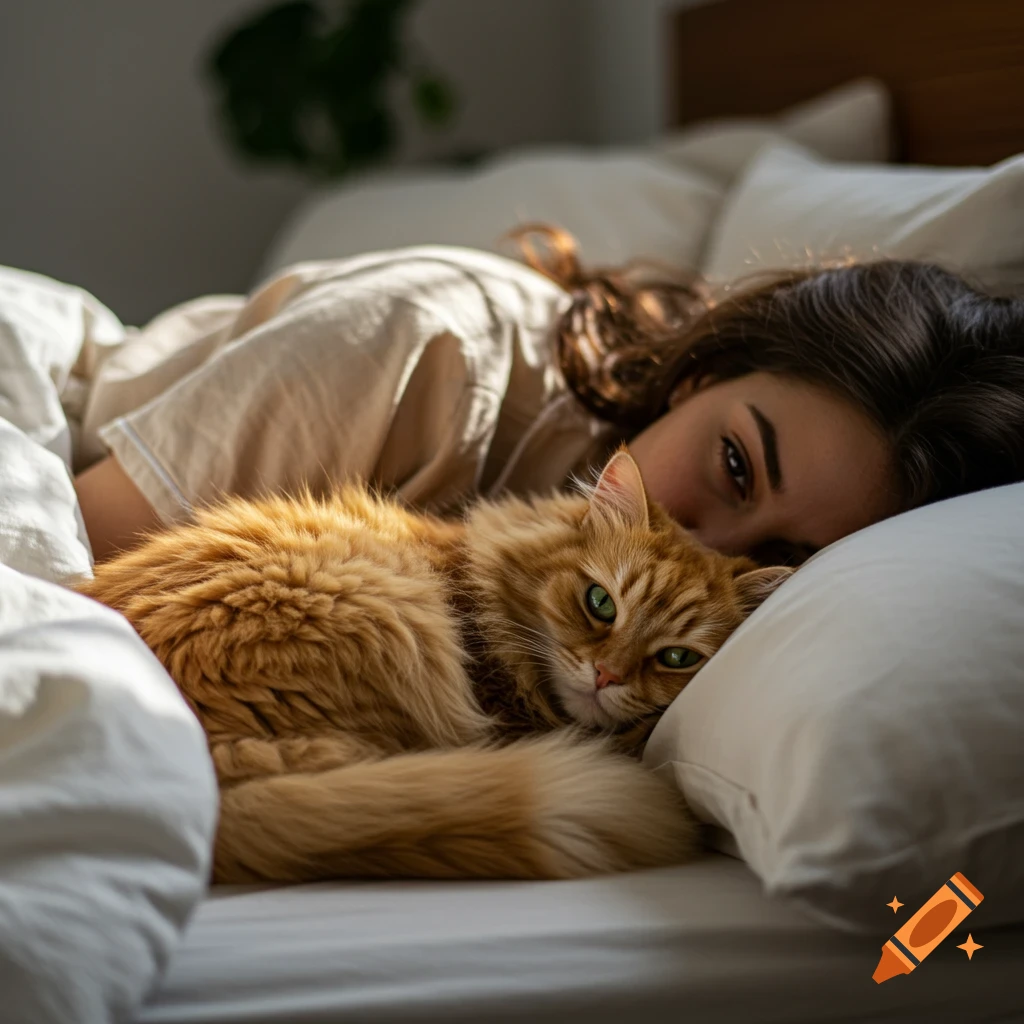 A woman and an orange fluffy cat sleep together in a sunlit bed.
