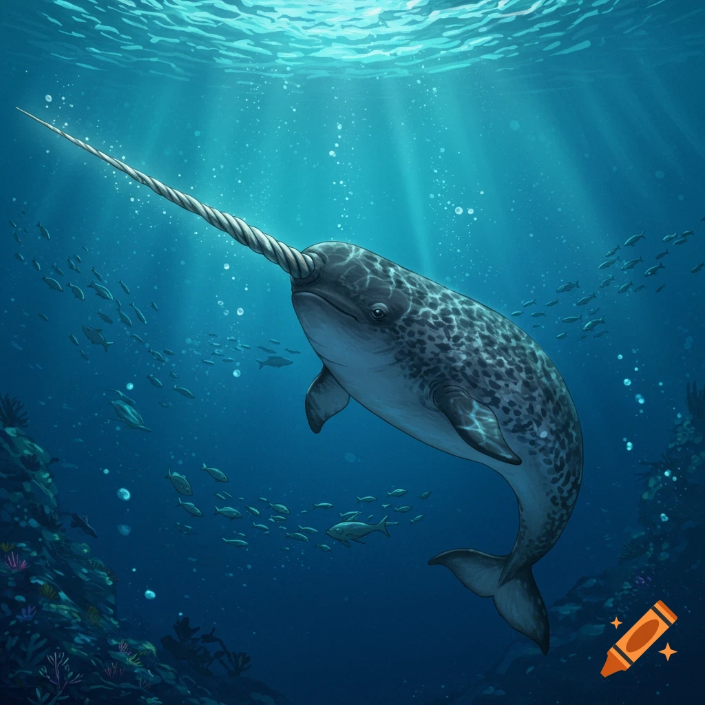 A narwhal swimming underwater with fish.