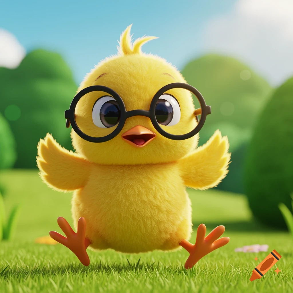 A cute cartoon baby chick wearing round black glasses sits in green grass.