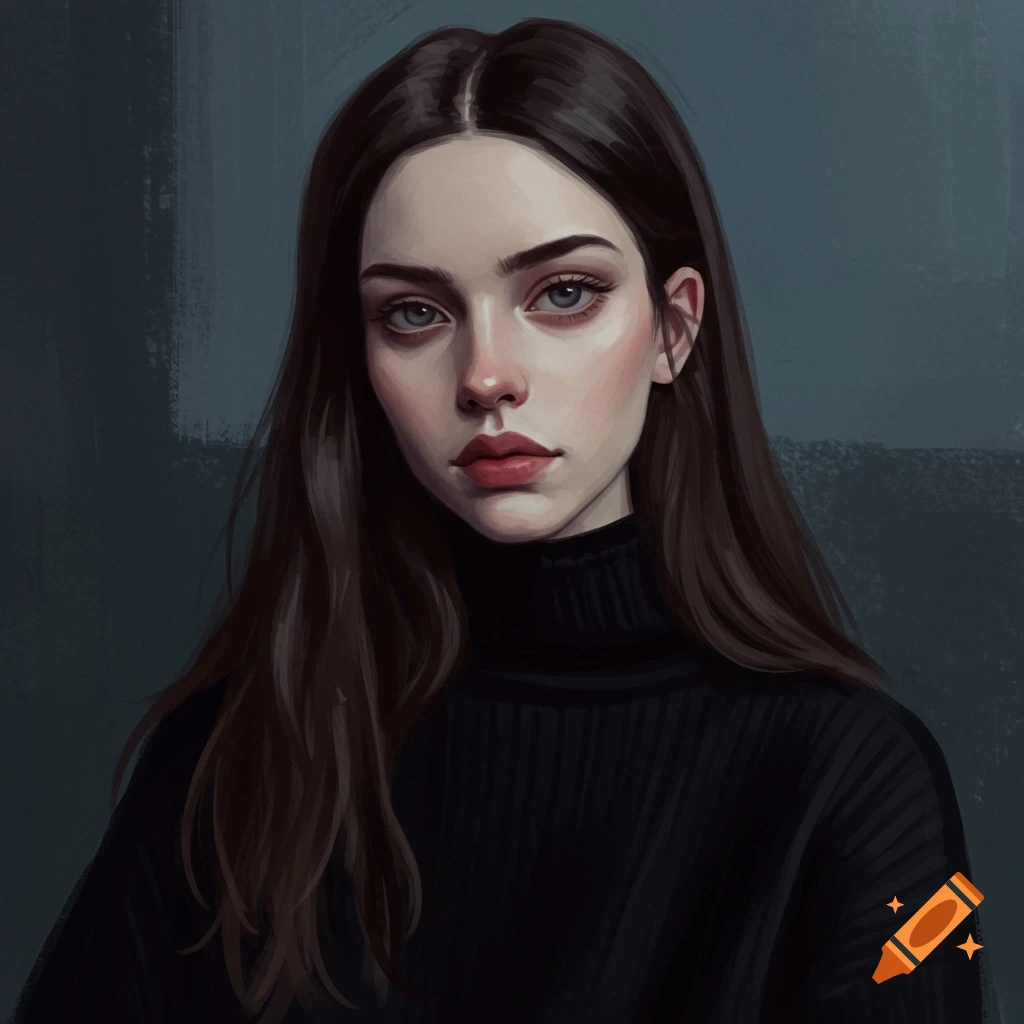 Portrait of a woman with long dark hair wearing a black turtleneck.