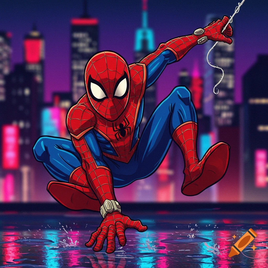 Spiderman crouching on a wet surface with a city skyline background