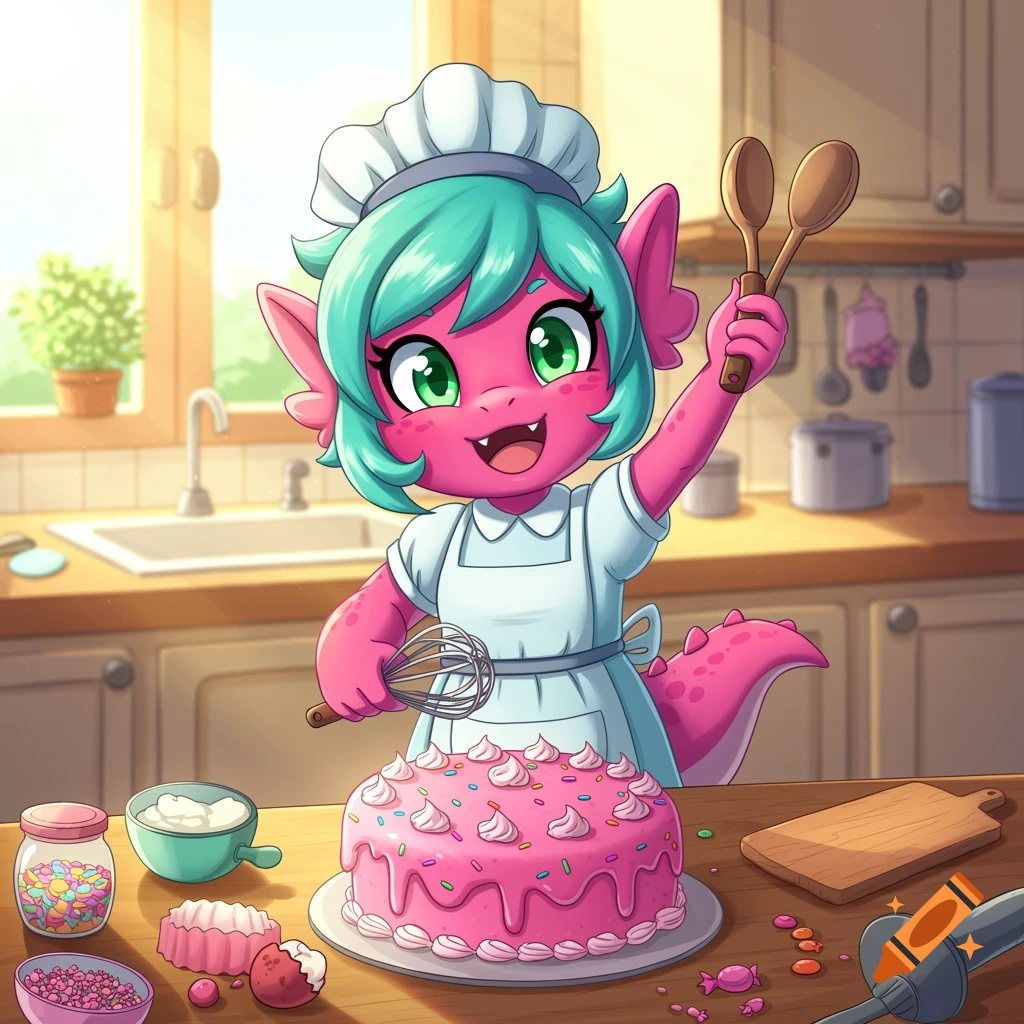 A cute cartoon pink creature bakes a pink cake in a kitchen.