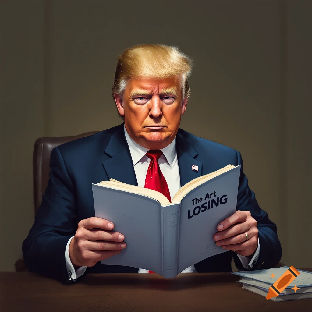 Donald Trump reading a book titled 'The Art LOSING'.