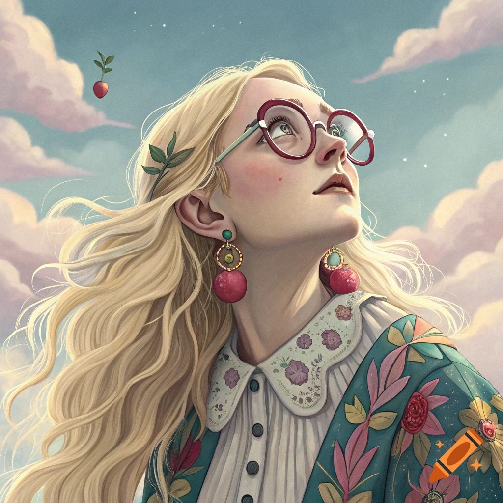 A woman with long blonde hair and large red glasses looks up at the sky. She wears a patterned coat.