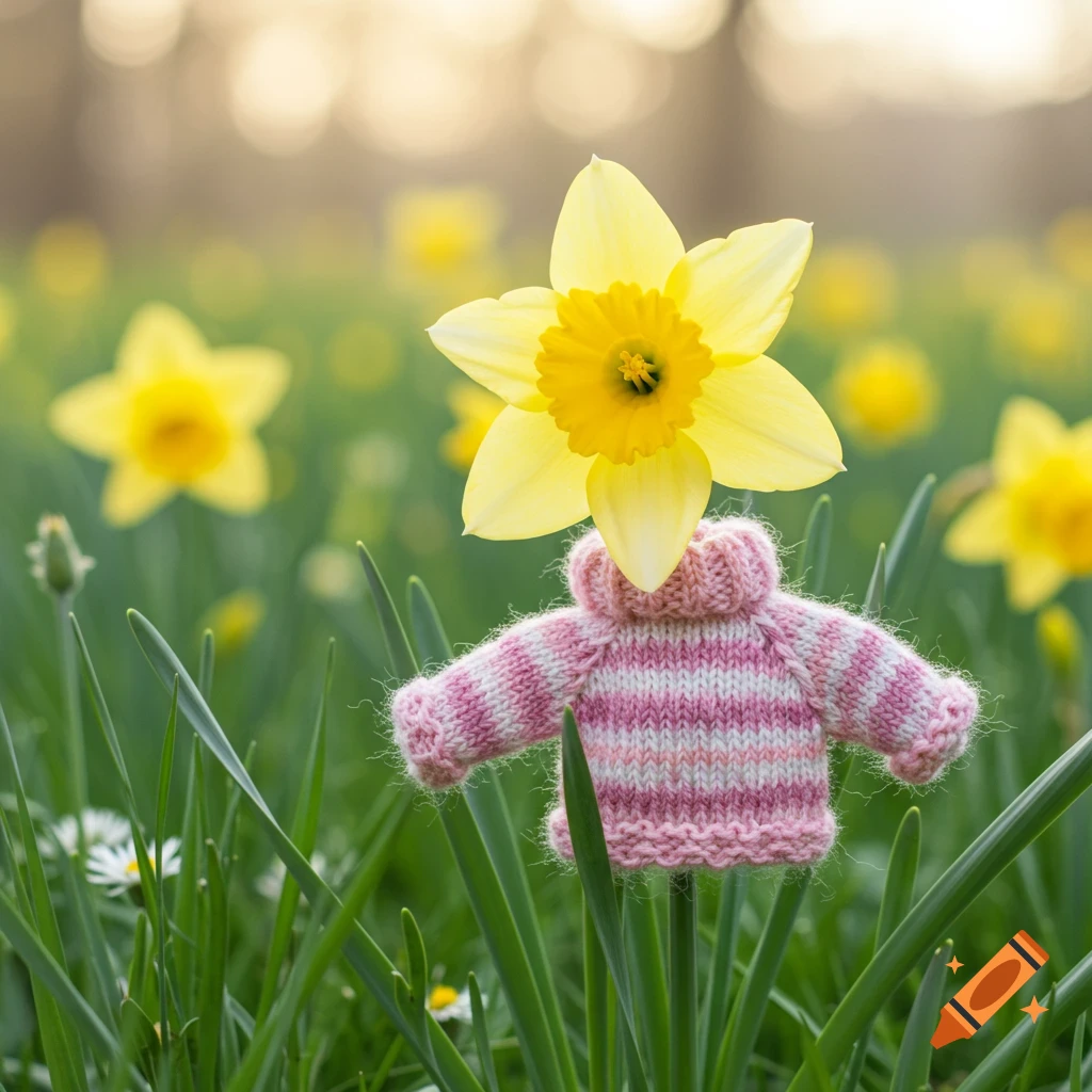 A daffodil wearing a small knitted pink and white striped sweater in a field.