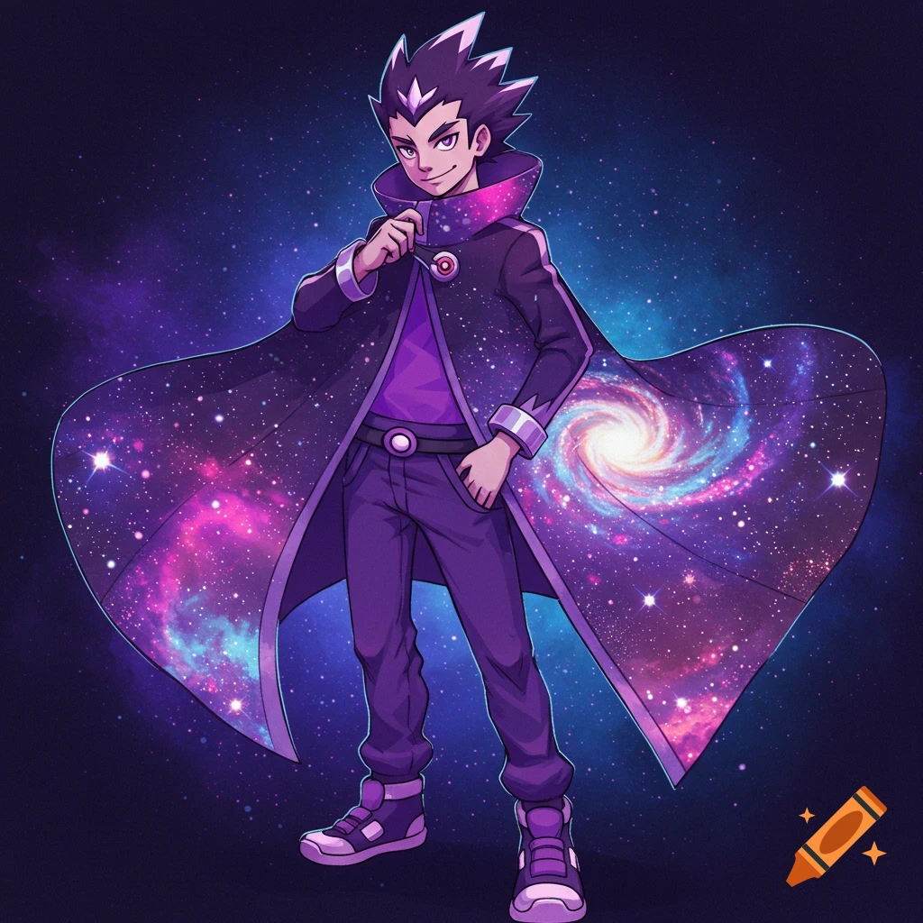 Anime character in purple outfit and galaxy cape standing in space.