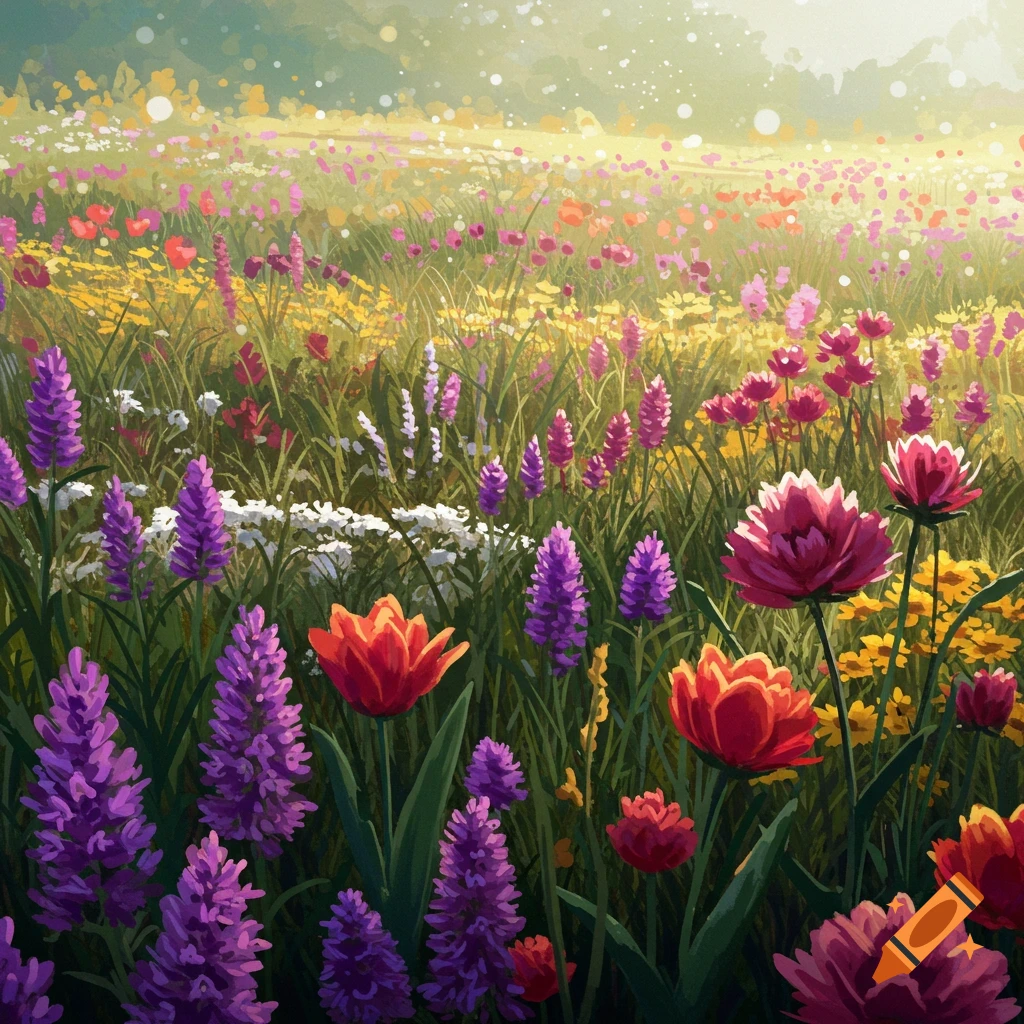A vibrant field full of colorful flowers under a bright sky.