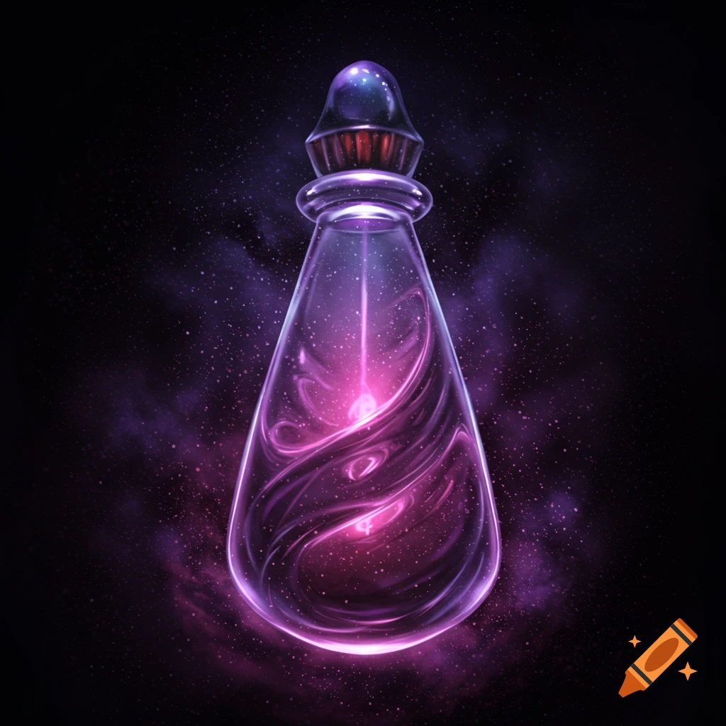 A glowing purple magical elixir in a glass bottle against a starry background.